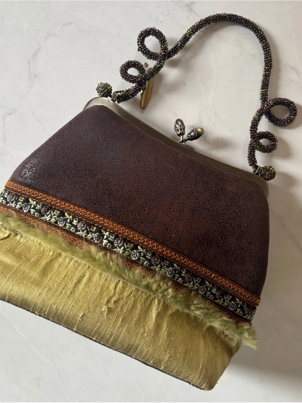 Vintage Mary Frances Brown & Green Beaded Kisslock Handbag